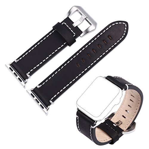 Für Apple Watch Armband 38mm Rosa Schleife® Schwarz Crazy Horse Lederarmband Uhr Band Apple iWatch Uhrenarmband Strap Series 1 Series 2 Replacement Wrist Band iWatch Armband Armbänder für Apple Watch Sport & Edition Alle Versionen (nur für alle 38mm Versions - 5