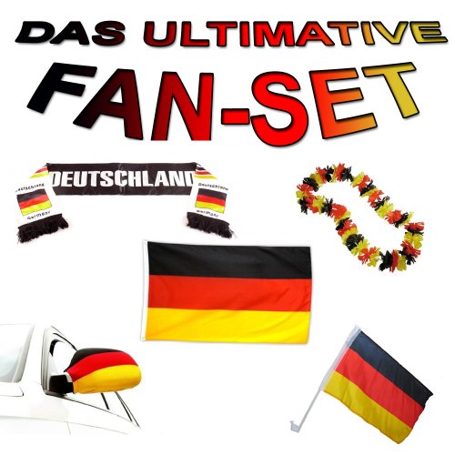 MEGA Deutschland EURO CUP Fussball-Fan-Set Fahne, Hawai-Kette, Schal und Socke, Hochwertiges Material, Komplett-Set