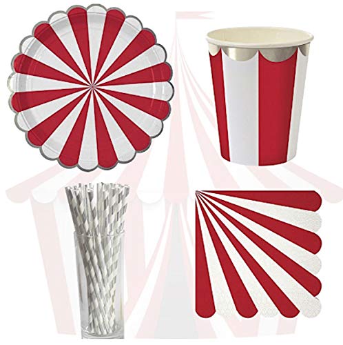 Blue BD Party Set, 69teilig, Vasos Desechables, Grandes Platos de Papel, pequeñas Papel Platos, Vasos, pajitas, pajitas, servilletas de Papel, Vajilla Desechable, Rojo y Blanco de Plata