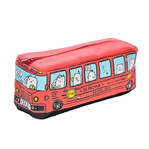 FYGOOD Sac à Stylos Trousse à Crayons Scolaire Toile Forme Bus Rouge 20x7x6cm
