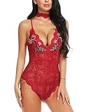 wearella Sexy Lingerie for Women Sexy Floral Lace Teddy Bodysuit Mini Babydoll (Dark Red,XXL)