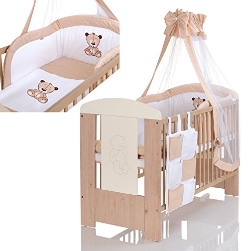 Baby Cot BEAR 120x60 maden of wood incl. foam mattress and 9 pieces bedding complete set