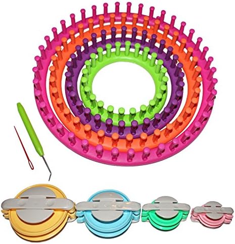 4pc Plastic Knitting Looms Kit and Needles with 4 Pom Pom Makers by Kurtzy - 28cm, 22cm, 19cm and 13.5cm Circular Size Looms - Create Wool Pom Pom and Patterns - Easy and Quick to use