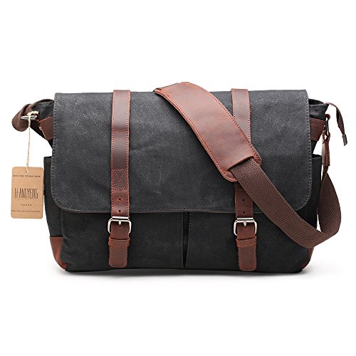 Messenger Bag H-ANDYBAG Waxed Canvas Schwarz Crossbody Arbeiten Schultertasche Passt 15 Zoll Laptop