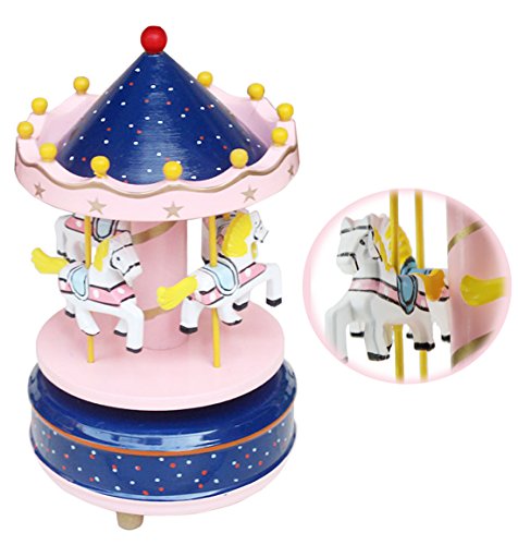 BXT Merry Go Round Music Box Wooden Carousel Multi-Colored 4-Horse Animated Figurine Desktop Playset Awesome Kids Xmas Birthday Presents