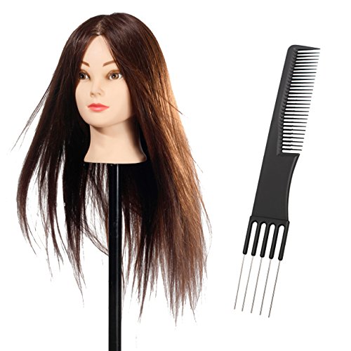 Goodofferplace® Hairdressing 85% Professional Real Hair 22Inch Training Mannequin Head Hairdresser Training Head w/Clamp with Black Prong Metal Pin Combs Rough With Backcomb Teeth For College and Professional Use