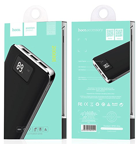 Bater  a externa port  til  Hoco B23B  20000mAh  Gran Capacidad Bater  a de Viaje  3 Puertos Usb  Pantalla Digital Cargador Port  til  Power Bank  para iPhone  Samsung  Xiaomi  Huawei  iPad y m  s - Negro