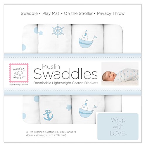 SwaddleDesigns X-Large Cotton Muslin Swaddle Blankets, Ships Ahoy!, Pastel Blue, Set of 4