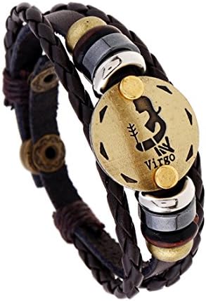 Qinyin Men’s Womens Retro Punk 12 Constellation Zodiac Sign Virgo Bracelet Braided Leather Alloy Charm Bracelet Multilayer Cuff Wristband Bangle