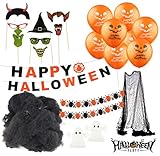 Halloween Dekoration XXL Deko: 3x Girlanden, 2x mit einer Länge von jeweils 3 Meter - in Spinnenmotiven schwarz / orange und Ghost / Geist Design in weiß Deko von Wand und Tisch an Halloween, 1x Girlande Wimpelkette Happy Halloween 2,5 Meter Länge zum Aufhängen Deko von Wand und Tisch an Halloween