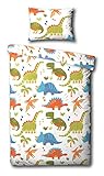Children's Dinosaur Junior/Toddler Duvet Cover Bed Set Inc. Pillowcase (White, Orange, Green, Blue)