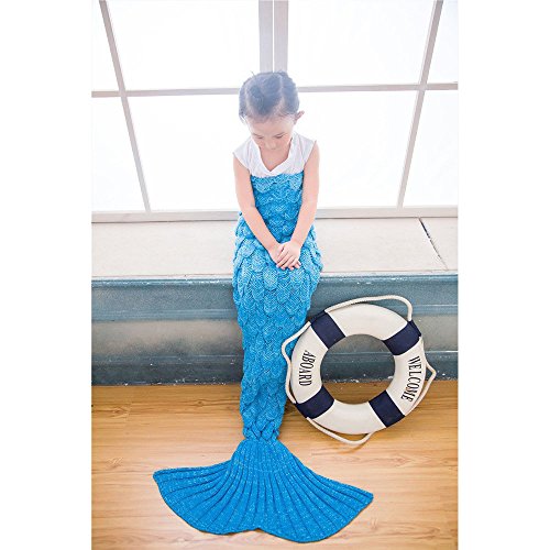 Preisvergleich Produktbild Foreverone Meerjungfrau-Endstück-Decke, strickende handgemachte Sofa-Steppdecke Wohnzimmerdecke Nixe-Decke mit Fischmaßstab Muster für Ihre Kinder u. Kinder 140cmx70cm (blau)