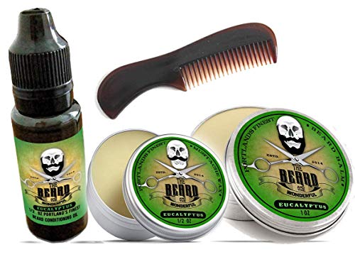 The Beard & The Wonderful juego de 4 piezas para el cuidado de la barba Bálsamo para barba, aceite para barba, cera para bigote y peine de bolsillo.