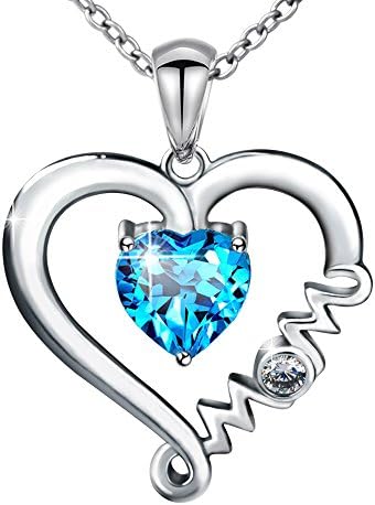 Apotie 925 Sterling Silver MoM Style Personalized Love Heart With Blue Cubic Zirconia Pendant Necklaces Gift For MOM Jewellery Chain 18"