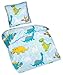 Produktbild Aminata Kids – Bettwäsche 135x200 cm Kinder Jungen Dinosaurier Baumwolle + Reißverschluss Blau Grün Gelb Dino Urzeit Tiere Kinderbettwäsche 2-teiliges Bettwäscheset Jungs Bettbezug Ganzjahr