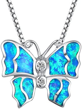 Sterling Silver Butterfly W. Blue and Green Fire Opal Inlay and Cubic Zirconia Pendant Necklace - SC078n4