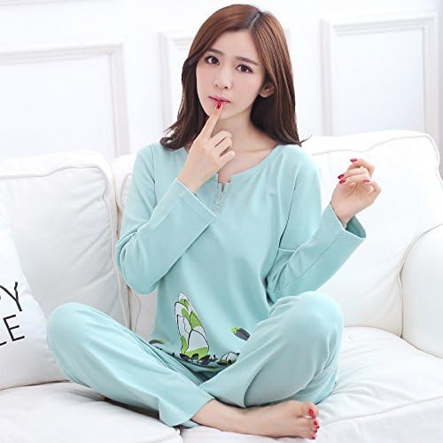 XHO Autumn Ladies Cotton Long-Sleeved Pajamas Xl Fashion Home Service Suits,Green,XL