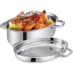 Eono by Amazon - Plat à rôtir Ovale Moyen en Acier Inoxydable avec Grille et Couvercle, Lavable au Lave-Vaisselle - 41 x 28 x 18 cm, 7 L + 4 L