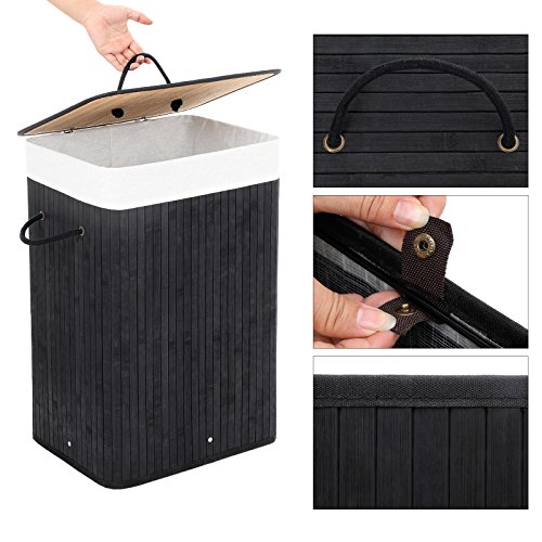 Songmics 3 Griffe Faltbar Bambus Wäschekörbe Wäschebox Wäschetruhe Wäschesammler Wäschetonne Wäschewagen Schwarz Eckig LCB10H - 5