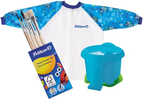 Pelikan Wasserbecher im Elefanten-Design mit Pinselhalter / Kombi-Set (Wasserbecher, Malschürze & Pinsel-Set, Blau)