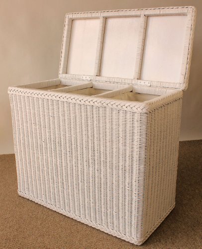 Rattan Wäschesortierer , Wäschekorb 3 Fächer Einteilung , Fb . Weiß Lackiert ! - 4