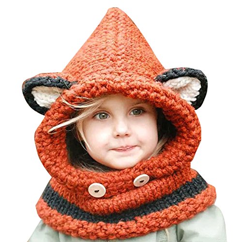Lookthenbuy pour enfant d'automne et d'hiver fait à la main chaude Écharpe et renard oreille Bonnet en tricot - Orange -