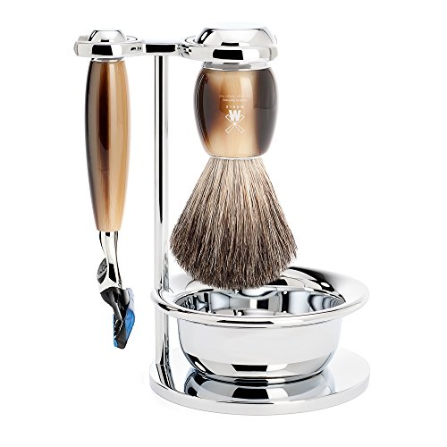 Muhle VIVO Faux Horn 4 Piece Gillette Fusion Shaving Set with Pure Badger Hair Shaving Brush