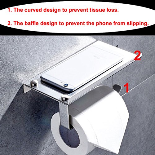 BTSKY Stilvoller Toilettenpapierhalter, Wandmontage, rostfreier Edelstahl, mit Ablage für Mobiltelefon/ Badezimmerzubehör - 4