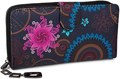 styleBREAKER portefeuille à motifs de fleurs ethniques differents, dessin vintage, fermeture à glissière toute autour, femmes 02040040, couleur:Bleu foncé-bleu-rose