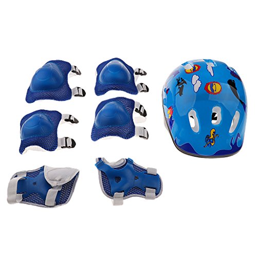 MagiDeal Casco Pads Polso Ginocchiere Gomitiere Kit Bambino Morbido Spugna per Pettinare Ciclismo Accessorio Protettivo - Blu