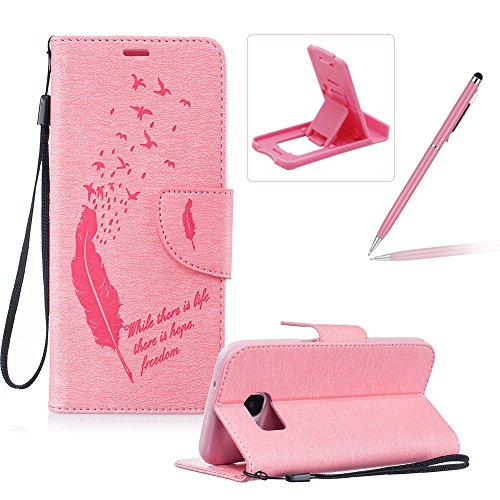 Samsung Galaxy S7 Edge Strap Lanyard Case,Samsung Galaxy S7 Edge Flip Leather Case,Herzzer BookStyle Elegant Synthetic [Feather Pattern] Folio Wallet Case Shell Holster Credit Card Slots Holder Stand Function Magnet Closure Anti-Drops Dustproof Protective Shell Phone Case Mobile Cover Protect Skin for Samsung Galaxy S7 Edge + 1 x Pink Cellphone Kickstand + 1 x Pink Stylus Pen - Pink