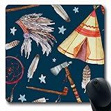 Luancrop Tapis de Souris pour Ordinateur Portable Enfant Bleu indigène Aquarelle Tribal Vintage Tepee Histoire Indienne Indian Dream Pattern Design Non-Slip Gaming Pad