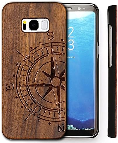 BTHEONE Unique Laser Engraved Eco-Friendly Handmade Wood Case Real Natural Cherry Wood Hard Shell Case for Samsung Galaxy S8 Plus[Walnut-Compass]