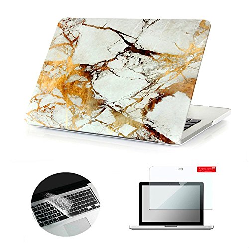 Se7enline Fashion Soft-Touch-Kunststoff Hardcover-Schutzhülle für Macbook, mit schwarzem Silikon-Tastenschutz und transparenter LCD Displayschutzfolie, Design: schwarze Kreise Marble Pattern White/Gold Macbook Pro 13'' Retina (Model A1502/A1425)