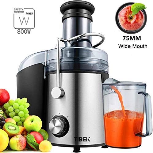 Centrifugeuse Extracteur de Jus, TIBEK 800W Centrifugeuse Fruits et Legumes avec 75MM Large Bouche, Extracteur de Jus à Deux Vitesses, Sans BPA, en Acier Inoxydable de Qualité Alimentaire