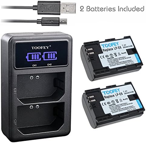 TOOFEY® 2x LP-E6 LP-E6N Battery + LCD Display Dual USB Charger for Canon EOS 60D 60Da EOS 70D XC10 EOS 5D Mark II 5D Mark III 5D Mark IV, EOS 5DS 5DS R, EOS 6D 7D Mark II, BG-E14 BG-E13 BG-E11 BG-E9 BG-E7 BG-E6