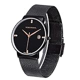 Vemupohal Männer wasserdicht Datum Kalender Einfache Business Casual Analog Quartz Kleid Armbanduhr mit schwarzem Edelstahl Mesh Armband