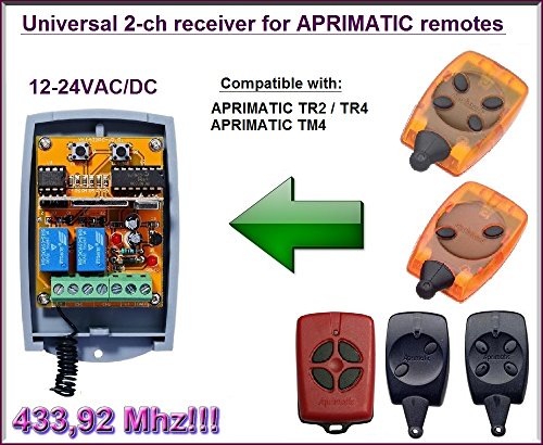 Aprimatic compatible Récepteur portail. Universal 2-canaux Récepteur pour Aprimatic TR2 / TR4 / TM4 télécommandes. 12-24V AC/DC, NO/NC 433.92Mhz rolling / fixed code
