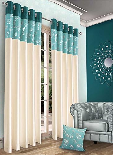TEAL Faux Silk Retro Curtain Ring Top Pair, Full Metalic Print Fully Lined, 46 x 54 Readymade Eyelet Curtains