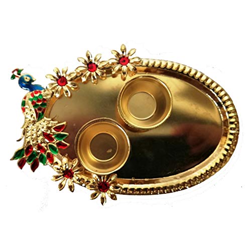 Pooja thali with Kumkum Cum Sindoor Bowl from iHandikart (6.0x3.6 inch) Designer Mlticolor Pooja Thali, Rakhi Pletter,Tilak-Arti Traditional Rakhi Pooja Thali Special for Festive Thali,(Pack of 1)