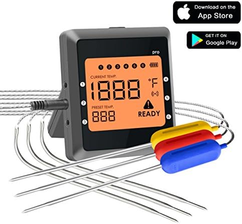 Cooking Thermometer, Collen Digital Bluetooth Wireless Meat Candy Food BBQ Thermometers for Kitchen Oven, Baking, Grill, Smoker, 200ft Remote Range / LCD Screen / 6 Long Probes for IOS iPhone Android
