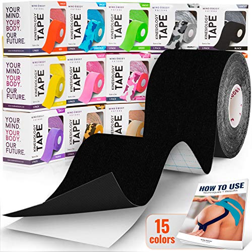 Kinesiology Tape - Black (2 Pack) - Premium Grade Uncut 5cm x 5m Roll - Ideal for Athletic Sports Physio Strapping and Muscle Injury & Support - Includes eGuide