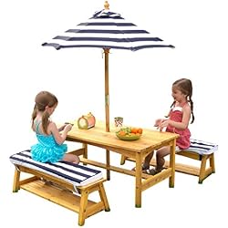 KidKraft 106 Ensemble table et banc d'extérieur en bois avec coussins et parasol - Meubles de jardin pour enfants - Rayures bleu marine & blanches
