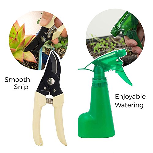 (7in1) ORIGINAL GardenHOME ZIMMERPFLANZEN WERKZEUG SET, SEHR ROBUST, KLEINER FORMFAKTOR, Pflanzkelle, Blumenkelle, Winkelharke, Gartenschere, Blattschere u. Sprühflasche m. GRATIS TRAGETASCHE - 5