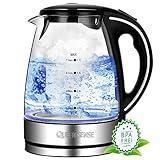 【FREUNDLICHES DESIGN MIT ABSCHALTAUTOMTIK UND ANTI-VERBRÜHUNGS GRIFF MACHEN BOILEN UND HALTEN EINFACHER】Ausgestattet mit Abschaltautomatik und Trockenkochschutz ermöglicht dieser Glas Wasserkocher eine automatische Abschaltung, wenn die Wassertemperatur den Siedepunkt erreicht hat und die Funktion verhindert, dass sich der kabellose Glas Wasserkocher im leeren Zustand aufheizt. Der Teekessel wird mit einem Griff geliefert, der Ihre Hände vor dem Verbrennen schützt.