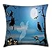 Produktbild GONIESA Halloween Throw Pillow Cushion Cover, Ghost Witch Owl Spider Web Bats Trees Fantastic Grange Forest at Night, Decorative Square Accent Pillow Case, 18 X 18 inches, Blue Black White