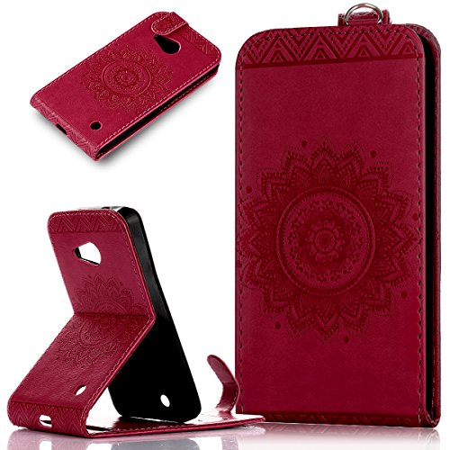 Microsoft Lumia 550 Hülle,Microsoft Lumia 550 Schutzhülle,Microsoft Lumia 550 Leder Hülle,ikasus® Prägung Floral Spitze Blumen Mandala Muster PU Lederhülle Flip Hülle im Bookstyle Cover Schale Slim Fit Soft Silikon Magnetverschluss Schutzhülle PU Leder Hülle Flip Wallet Case Kunstleder Tasche Cover mit Standfunktion und Kartenfächer Tasche Wallet Case für Microsoft Lumia 550 - Rose Red