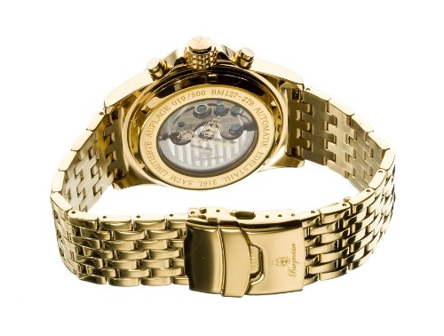 Burgmeister Royal Diamond Bm127-279 Gents Automatic Analogue Wristwatch Visible Balance-Wheel Gold Dial Diamonds Day Date Month Sapphire Glass