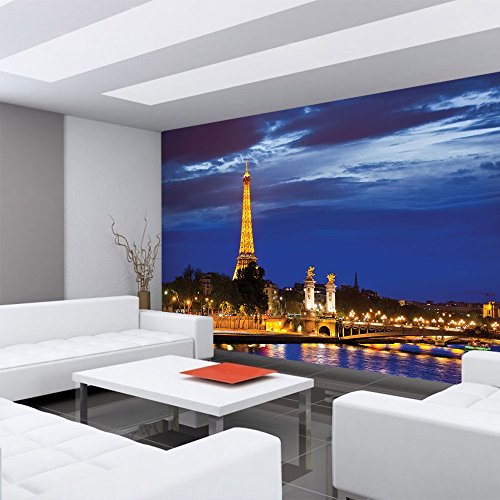 Vlies Fototapete PREMIUM PLUS Wand Foto Tapete Wand Bild Vliestapete – Paris Eiffelturm Fluss Nacht Lightning Skyline Stadt Panorama – no. 983, Größe: 200 x 140 cm Vlies - 4
