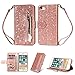 Produktbild Artfeel Reißverschluss Brieftasche Hülle für iPhone 6 Plus, iPhone 6S Plus Bling Glitzer Leder Handyhülle mit Kartenhalter,Flip Magnetverschluss Stand Schutzhülle mit Tasche und Handschlaufe-Roségold